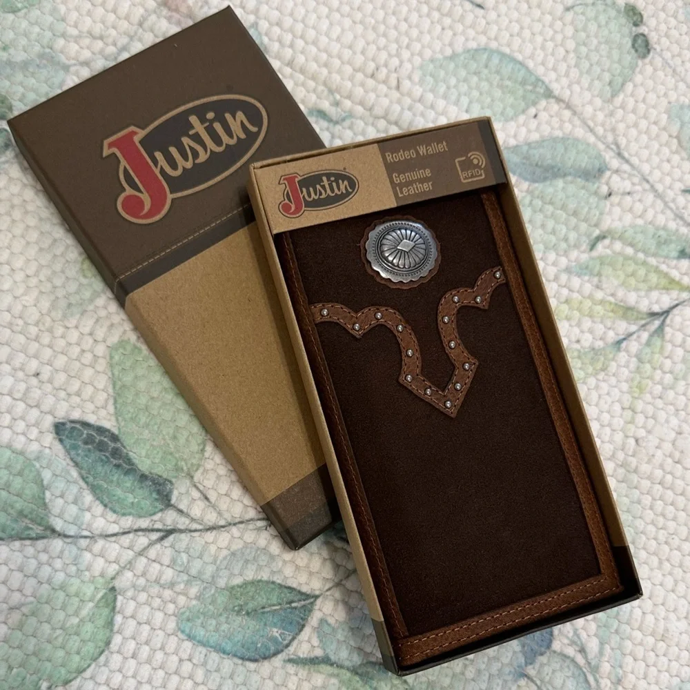 New Justin Boots Dark Brown Slim Bi Fold Leather Jr. Rodeo Wallet NIB